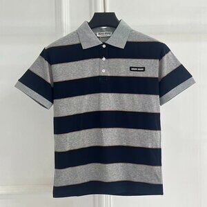 Miu Miu Navy and Grey Striped Polo Shirt, Size S.